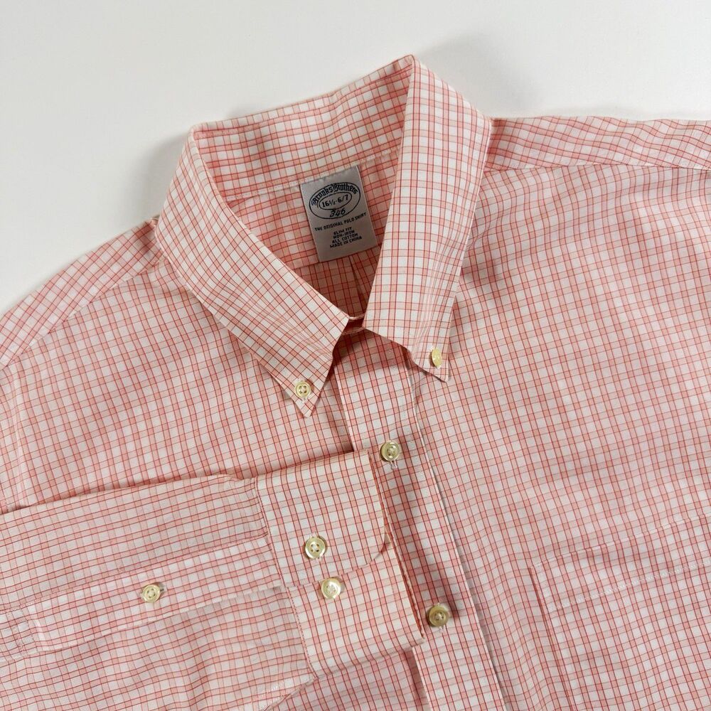 Brooks Brothers 346 Slim Fit Shirt Men’s 16.5-6/7 Pink Plaid 100% Cotton